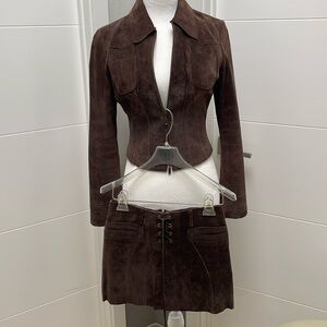 Suede suit includes lined jacket and mini skirt
